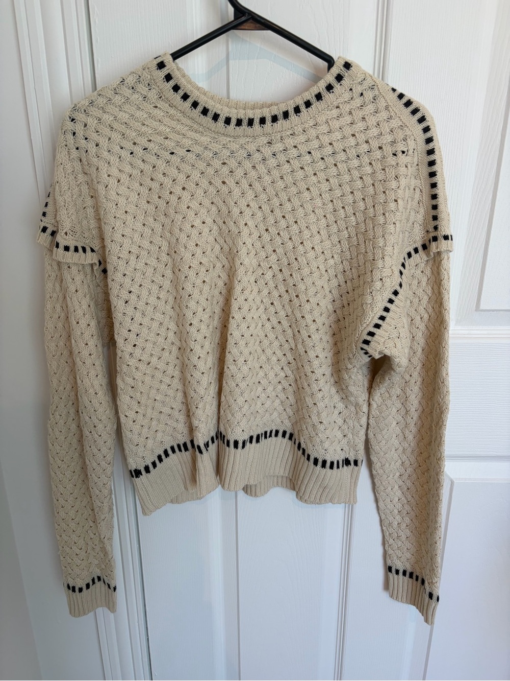 Ardene Cream Cable Knit Crew Sweater with Black Trim